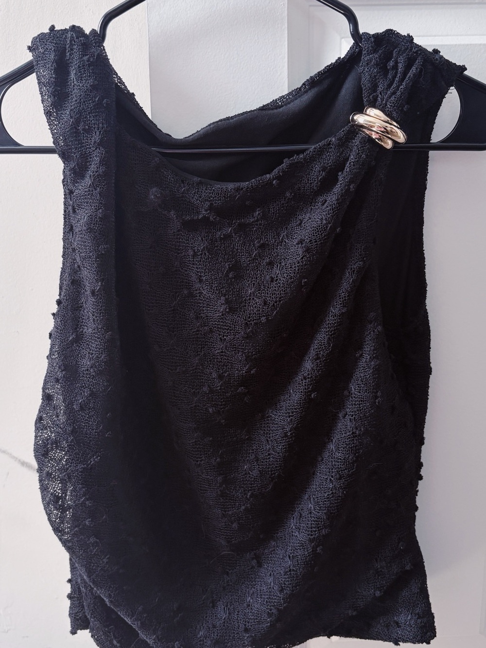 SHEIN Black Textured One-Shoulder Top with Gold Accent